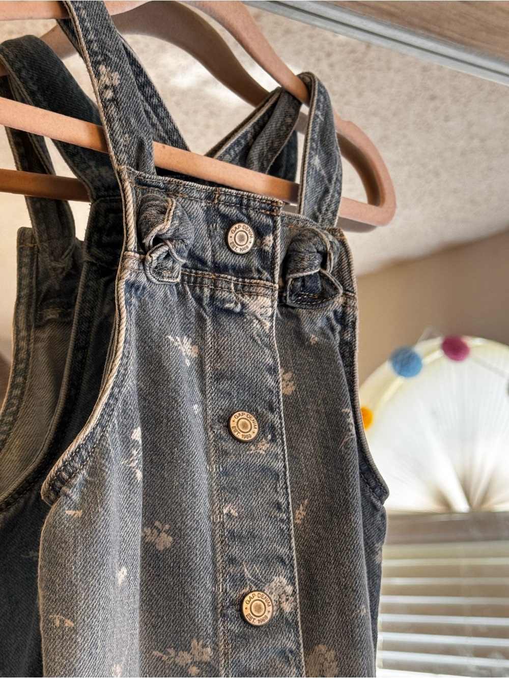 GAP Faded Blue Denim Girls' Floral-Print Overalls